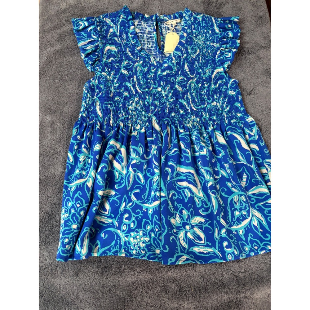 Jodifl Blue Paisley Smocked Ruffle Flutter Sleeve Top Small NEW